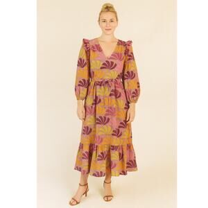 warm Floral Ruffle Midi Dress Small